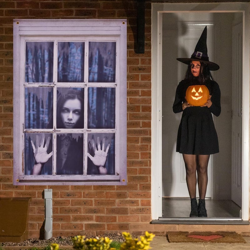 DPWCVM Ghost Halloween Decor - White Eyes Window Silhouette Curtains for Door, Wall - Scary Indoor/Outdoor Decor (Horror Nun) - Image 2